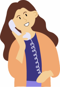 Frau glücklich am Telefon um Ethikberatung zu kontaktieren